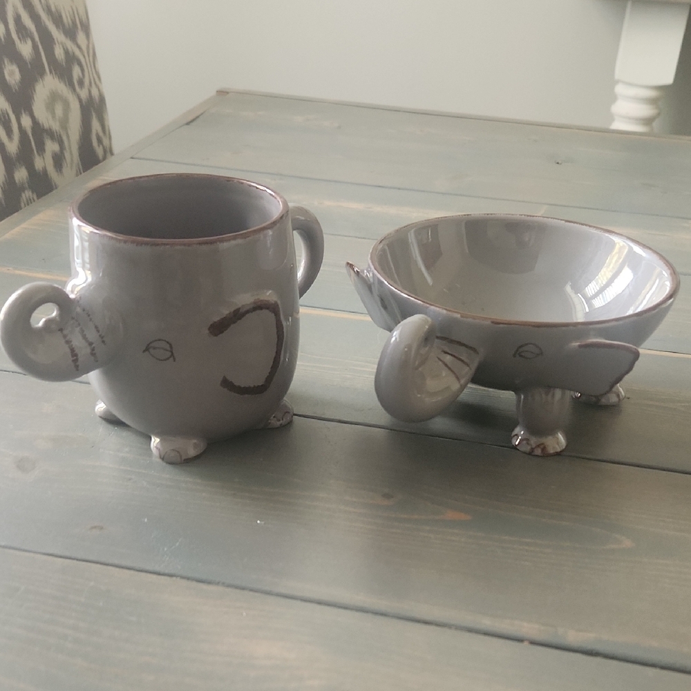 Gray Elephant Mug and Bowl Set